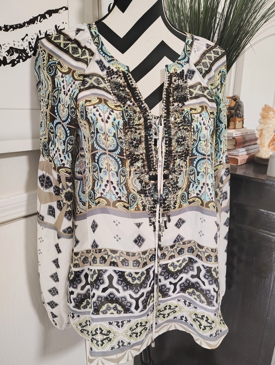 Hale Bob Tops - Hale Bob Silk Embellished V-Neck Top Women's Medium Bohemian Embellished